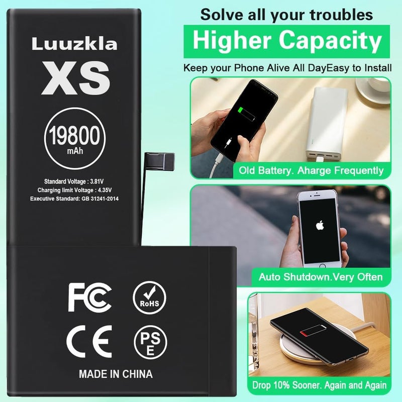 Luuzkla بطارية بسعة 19800mAh (ترقية جديدة) متوافقة مع iPhone Xs، بطارية بسعة فائقة متوافقة مع iPhone Xs، مع مجموعة أدوات كاملة - 0 دورة سعة عالية - خدمة لمدة 24 شهرًا - Image 3